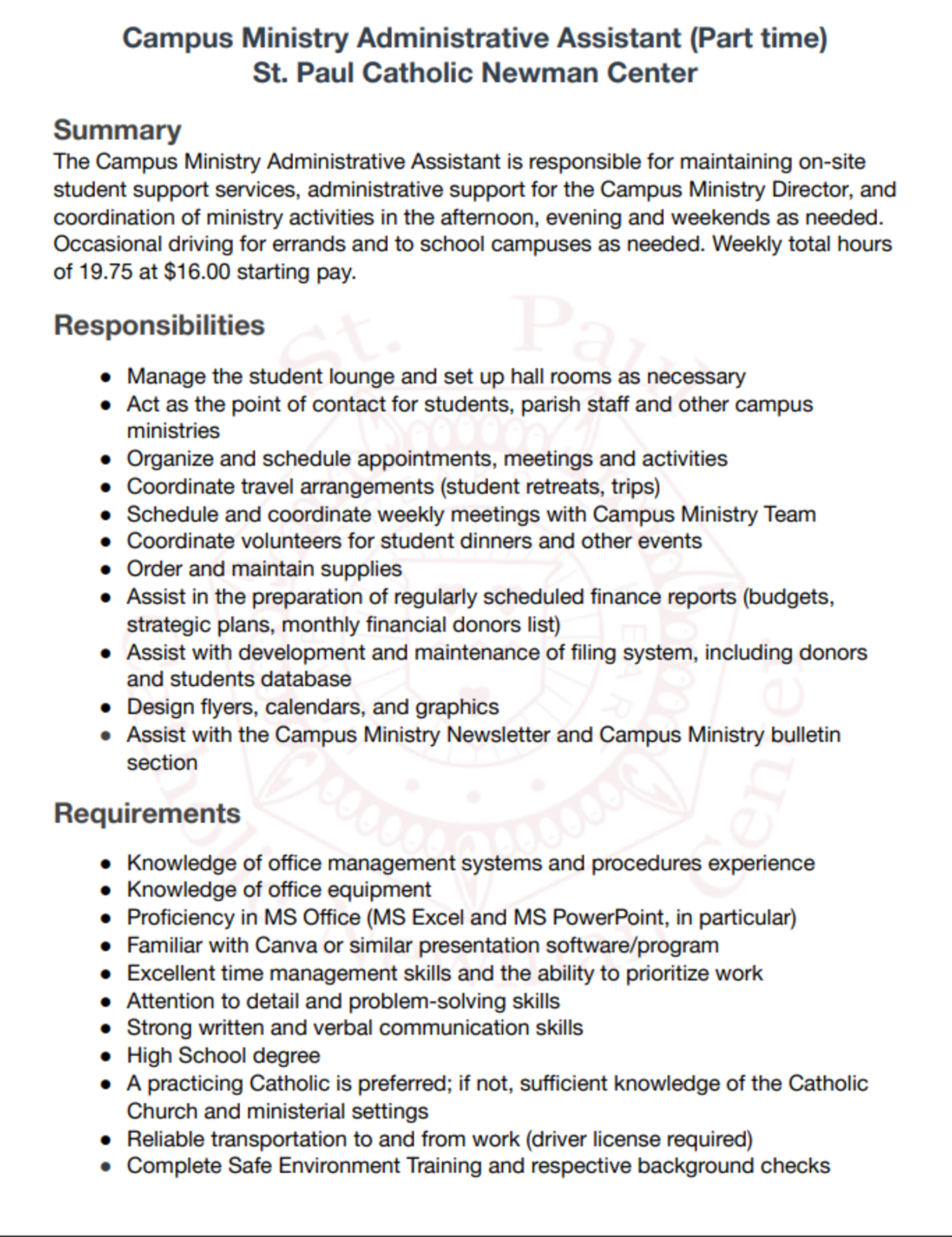 Campus Ministry Admin. Asst. job description